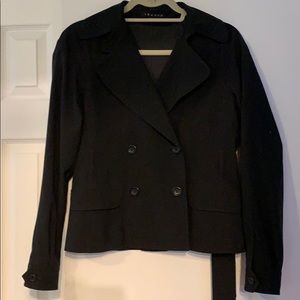 Theory double breasted, belted black jacket.